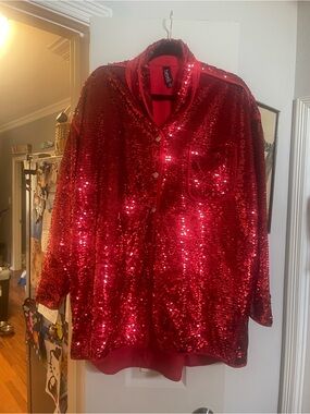 berek Red Sequin Button-Front shirt Jacket Christmas holiday